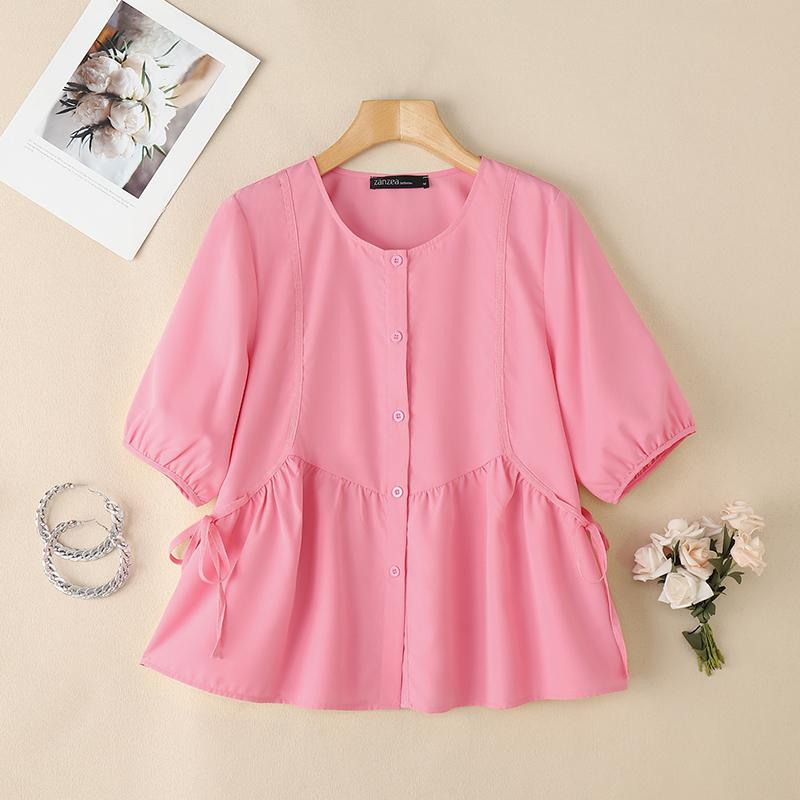 

ZANZEA Жіноча повсякденна блузка з круглим вирізом і короткими рукавами 5XL рожевий