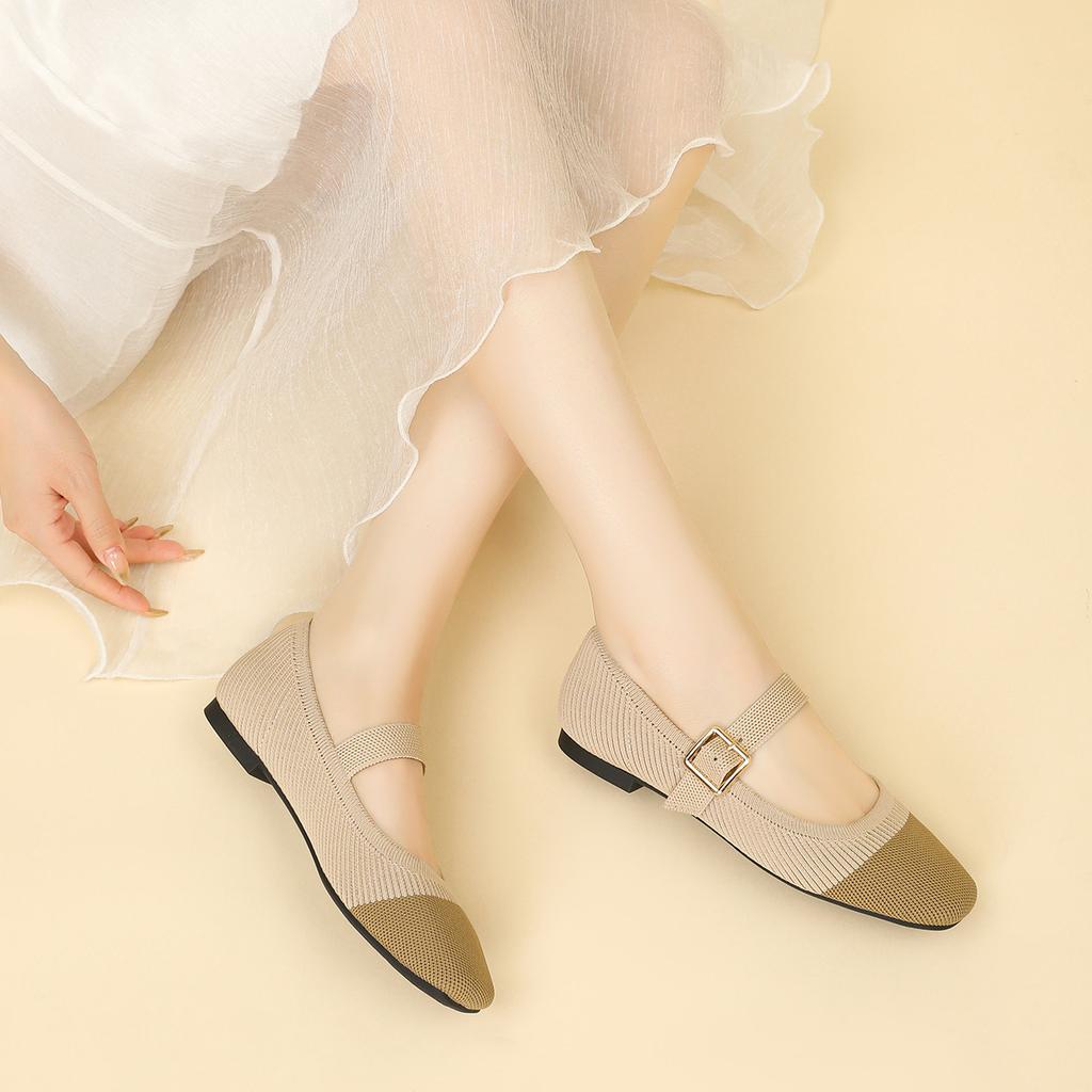 Fashion square toe mixed color knitted flats women ankle strap mary janes shoes spring summer weaving moccasins for woman cozy loafers