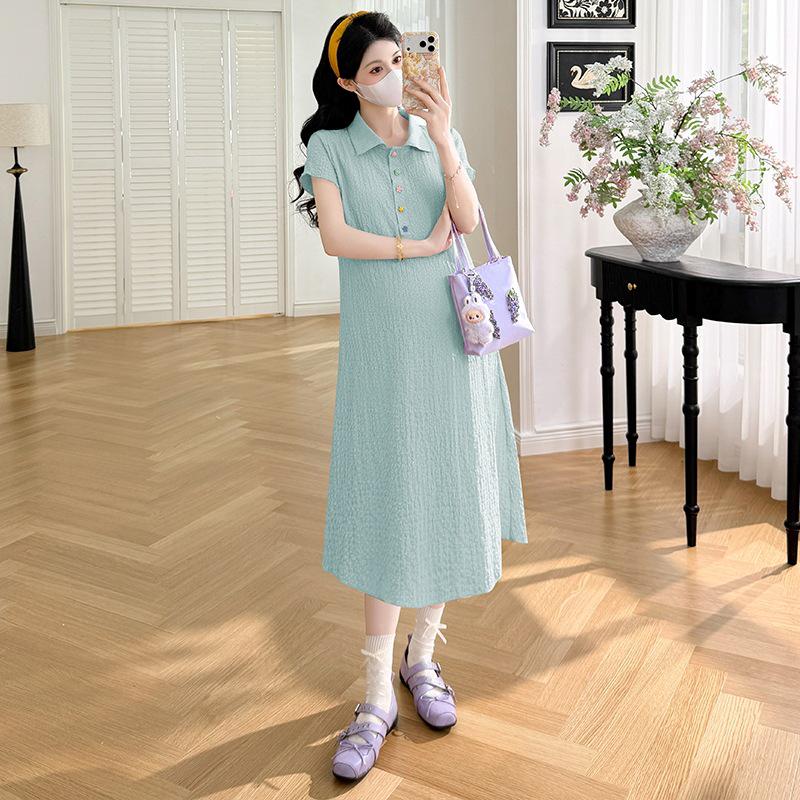 Real Shot 2026 Summer Ice Cool Short Sleeve Lapel Slimming Maternity Dress