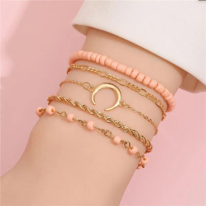 5Pcs Set Bohemian Moon Rice Bead Ball Chain Twisted Bracelet Set For Women Trendy Beaded Bracelets Friendship Jewelry Gifts