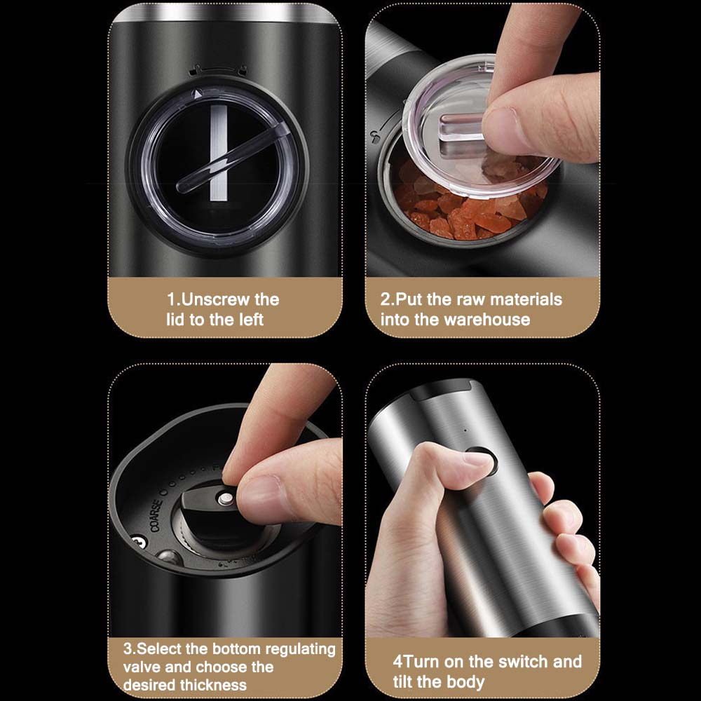 USB Rechargeable Electric Salt and Pepper Grinder Set - White Light, One Hand Operation, Adjustable Coarseness, Refillable