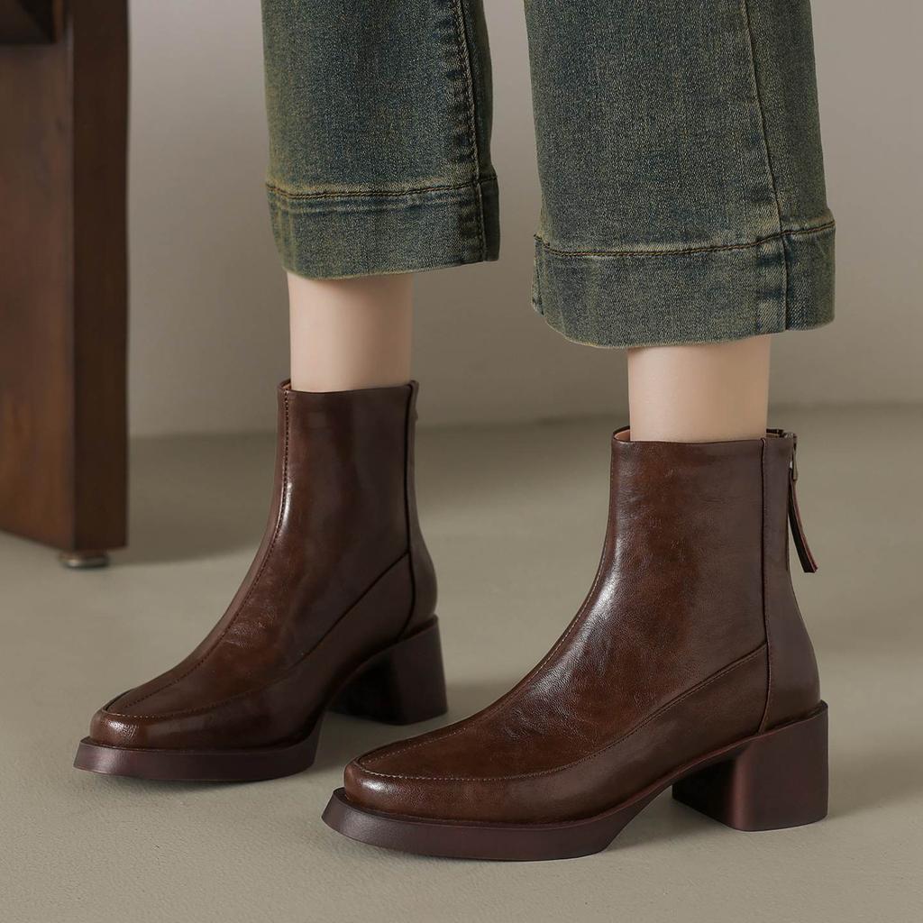 Krazing Pot Cow Skin Winter Round Toe Chunky Heels Motorcycle Boots Size 43 Zipper Women Platform Ankle Boots