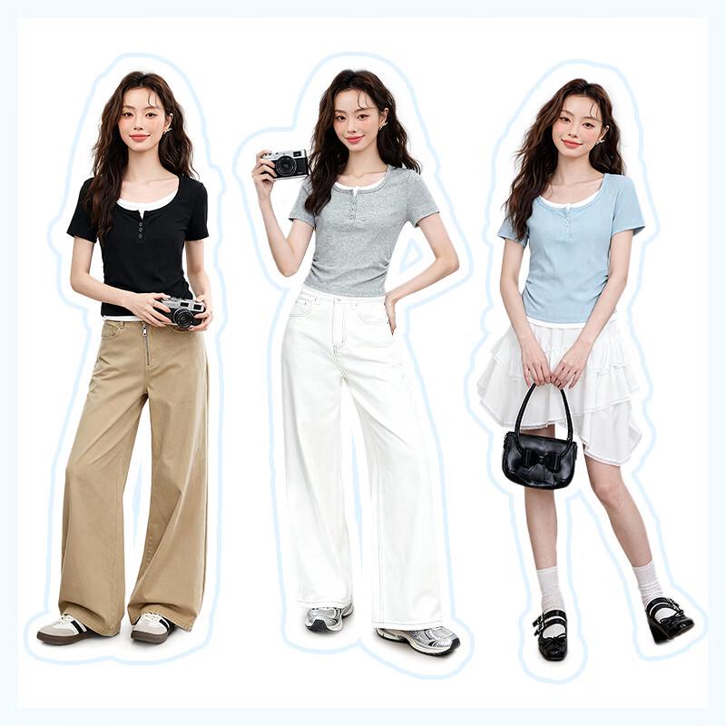 MJ STYLE Women's Faux Two-Piece Short Sleeve T-Shirt
