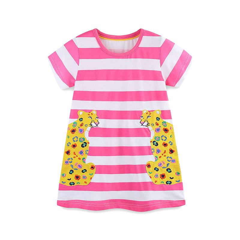European Style Striped Round Neck Summer Dress with Cartoon Animal Embroidery Appliques for Girls 4Y