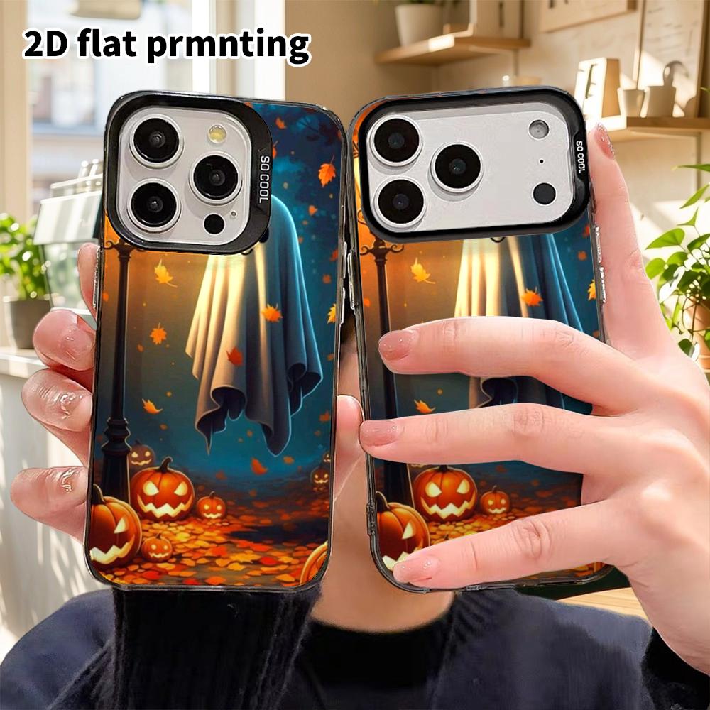Phone Case: 2D flat, suitable for iPhone 18, 17, 16, 15, 14, 13 Pro in silver color, couple style, cute ghost, Christmas and Halloween gift