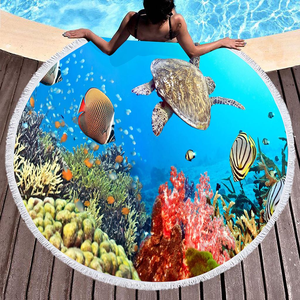 Ocean Hawaiian Tropical Sea Fish Print Round Beach Towel, Soft Microfiber Sealife Beach Blanket,Absorbent Quick Dry Pool Towel