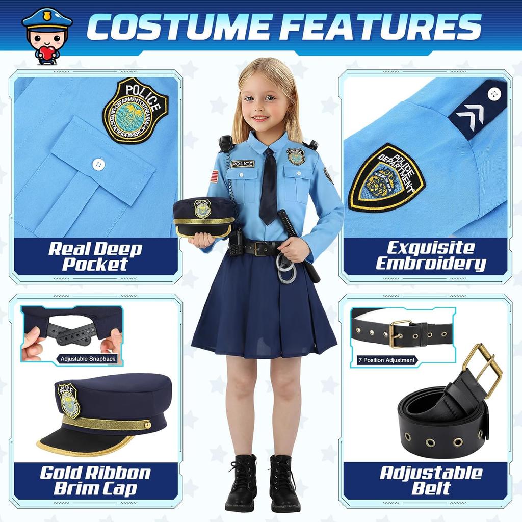 Police Costume for Girls, Police Officer Costume for Kids, Halloween Cop Costumes for Kids Girl Toddler 3-12
