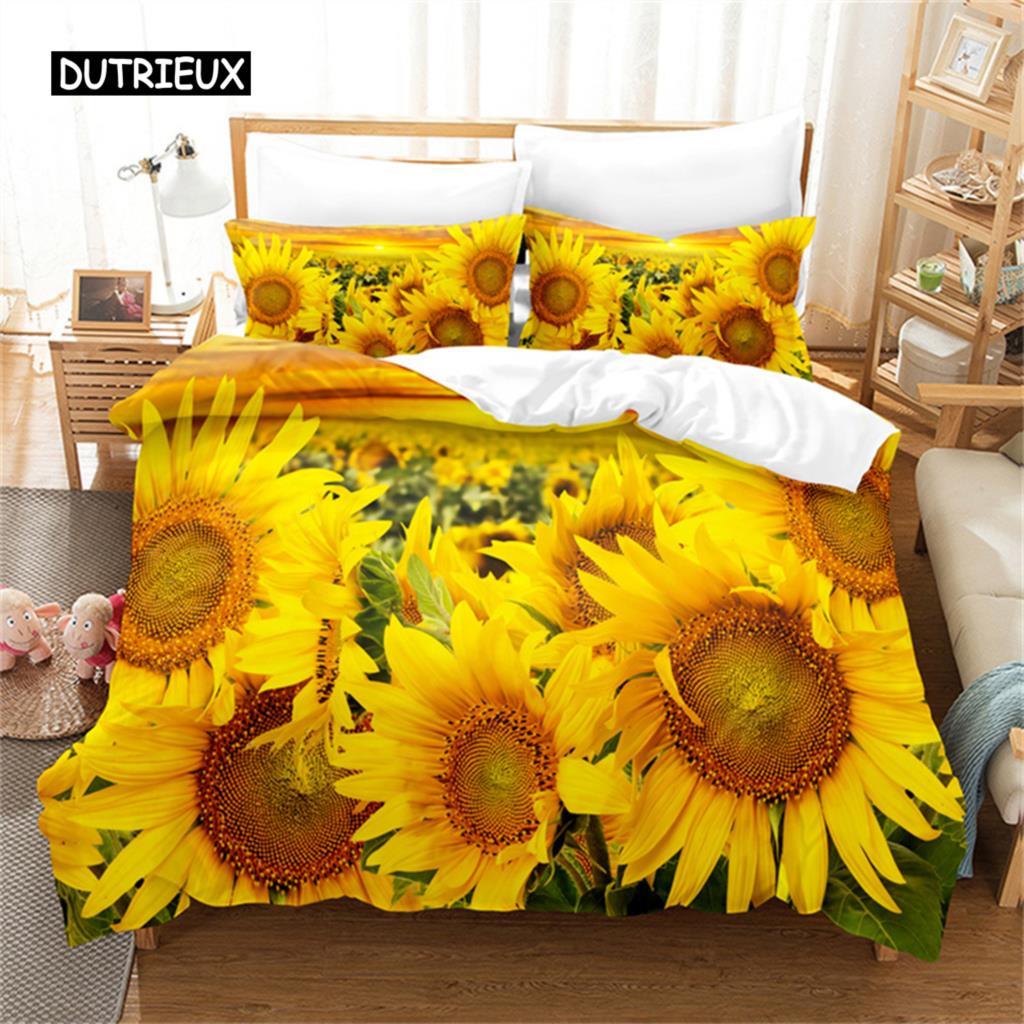 Sunflower Bedding Set Yellow Plant Flowers Duvet Cover Botanical Landscape Quilt Cover Girls Women Bedroom Gorgeous Decorations
