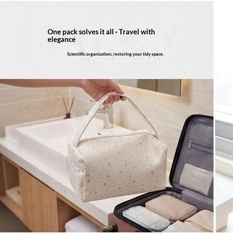 Cute Star Print Nylon Cosmetic Bag Large Capacity Portable Handle Toiletry Pouch for Women Travel Daily Use