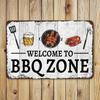 Vintage BBQ zóna Kovový nápis 8x12 palců Rustikální nástěnné umění Odolný vůči povětrnostním vlivům Venkovní dekorace na grilování