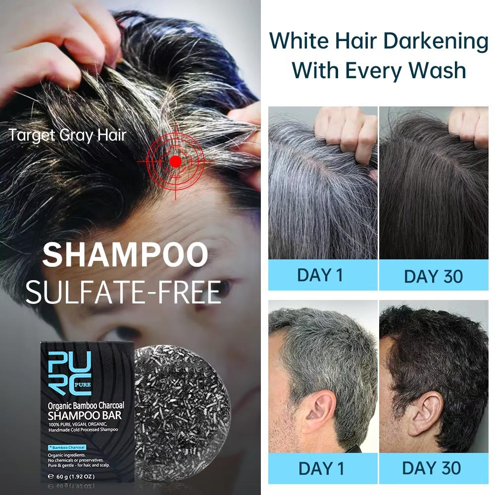 PURC Graue, weiße Haarfarbe, Färbebehandlung, Bambuskohle, saubere Detox-Seifenstange, schwarzes Haarshampoo, Behandlung für glänzendes Haar und Kopfhaut