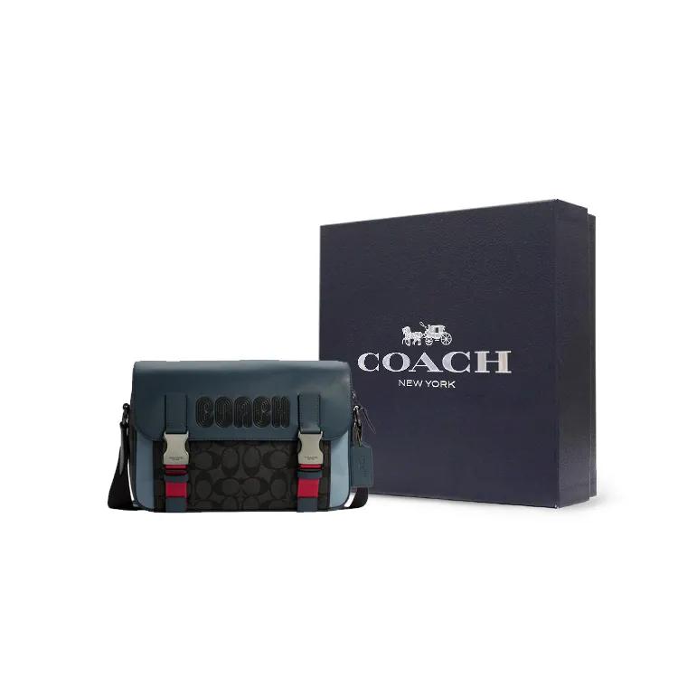 COACH Track Canvas Leather Crossbody Bags Large Men's Black Gray Blue (Unisex) Crossbody Bags C8128 QBTU3