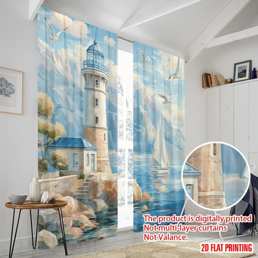 2PCS Digital Printed Curtains, Island Lighthouse Ocean Coastal Seaside, Modern Home Decor Style for Living Room Bedroom Decor