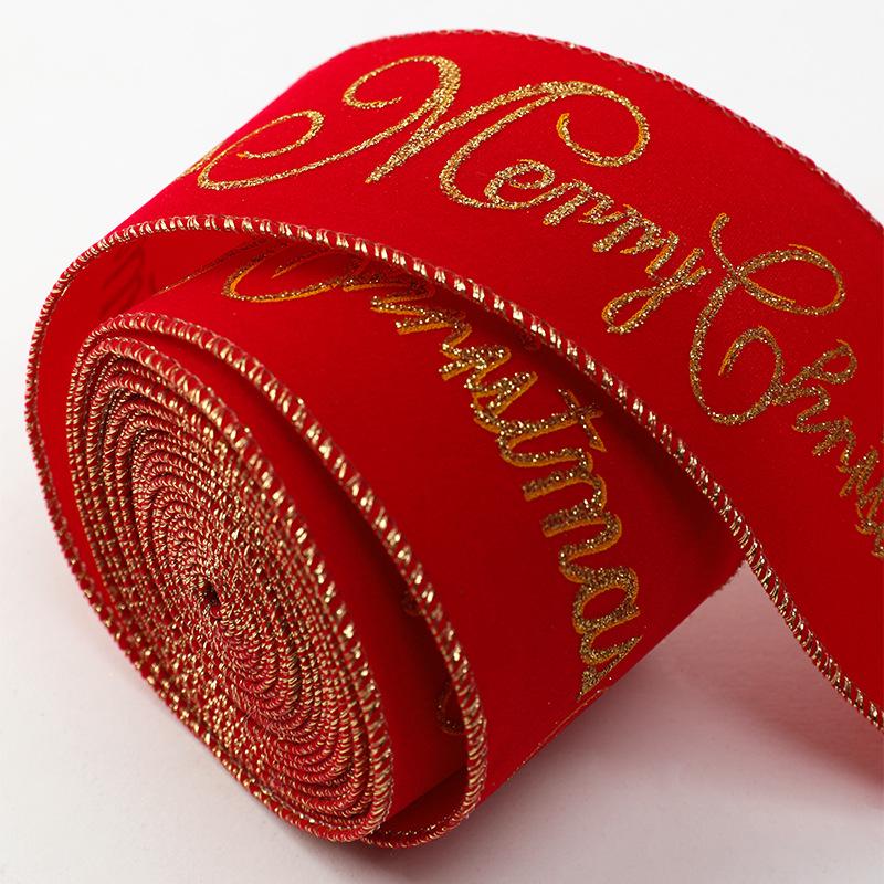 Handmade Christmas Flocked Ribbon with Golden Dot Bow for Gift Wrapping