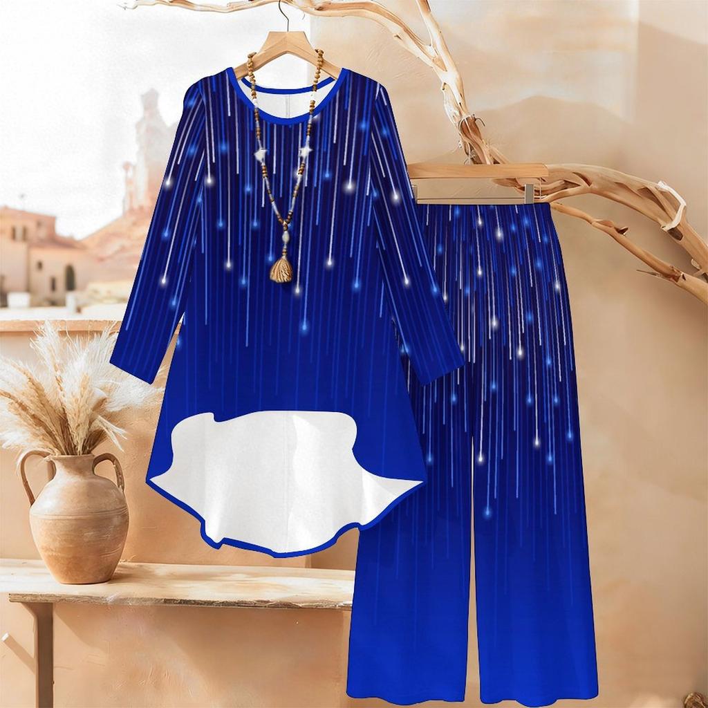 Geometric Pattern Print Two Piece Outfit Women Long Sleeve Irregular Hem Tunic Top Wide Leg Pants Casual Matching Set
