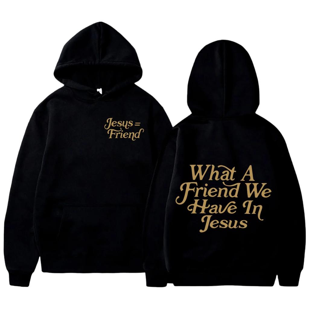 What A Feiend We Have In Jesus European and American New Fashion Letter Print Hooded Back Collar Plush Sweater for Women