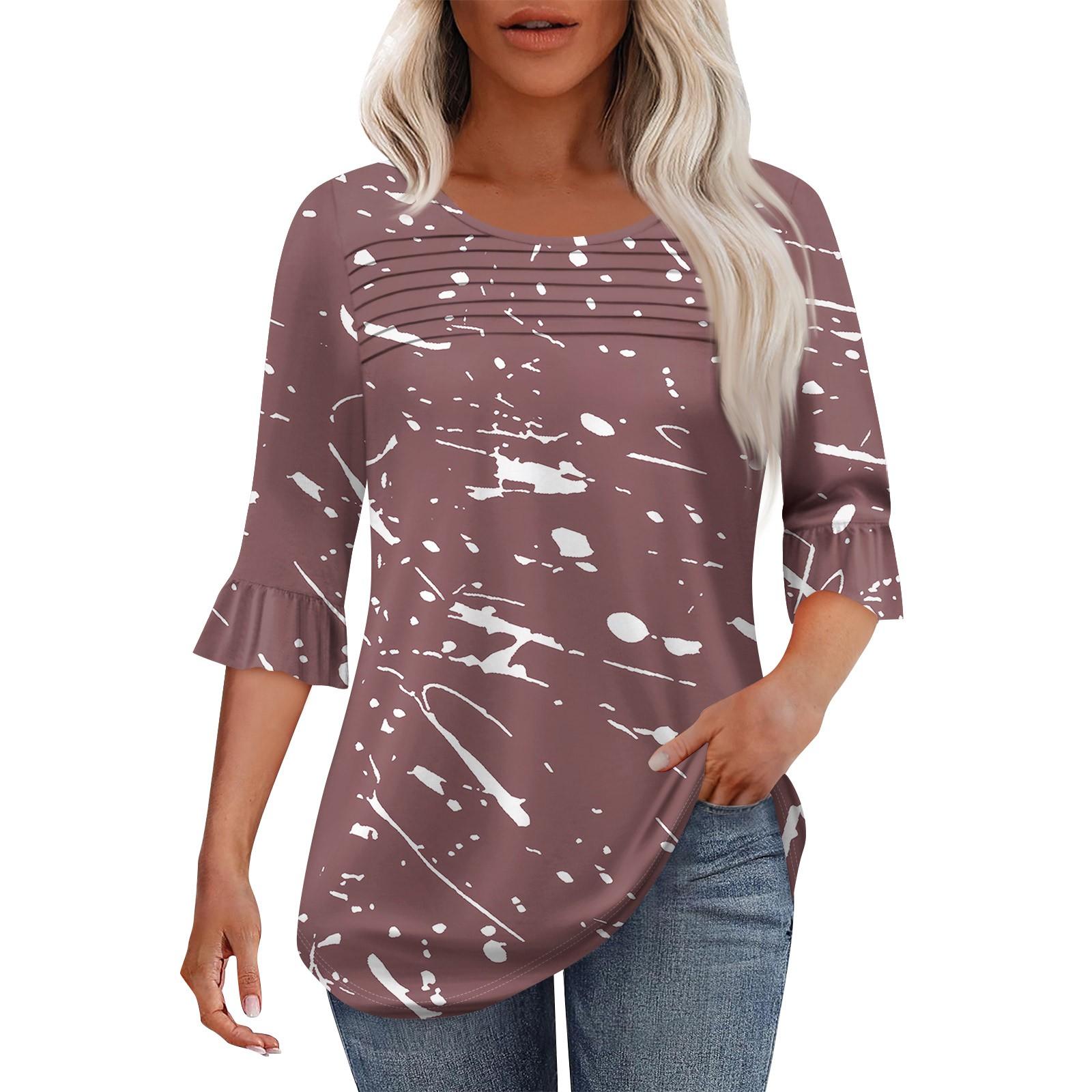 

Жіноча модна плісирована верхня частина з 3/4 рукавами та круглим вирізом XL кавовий