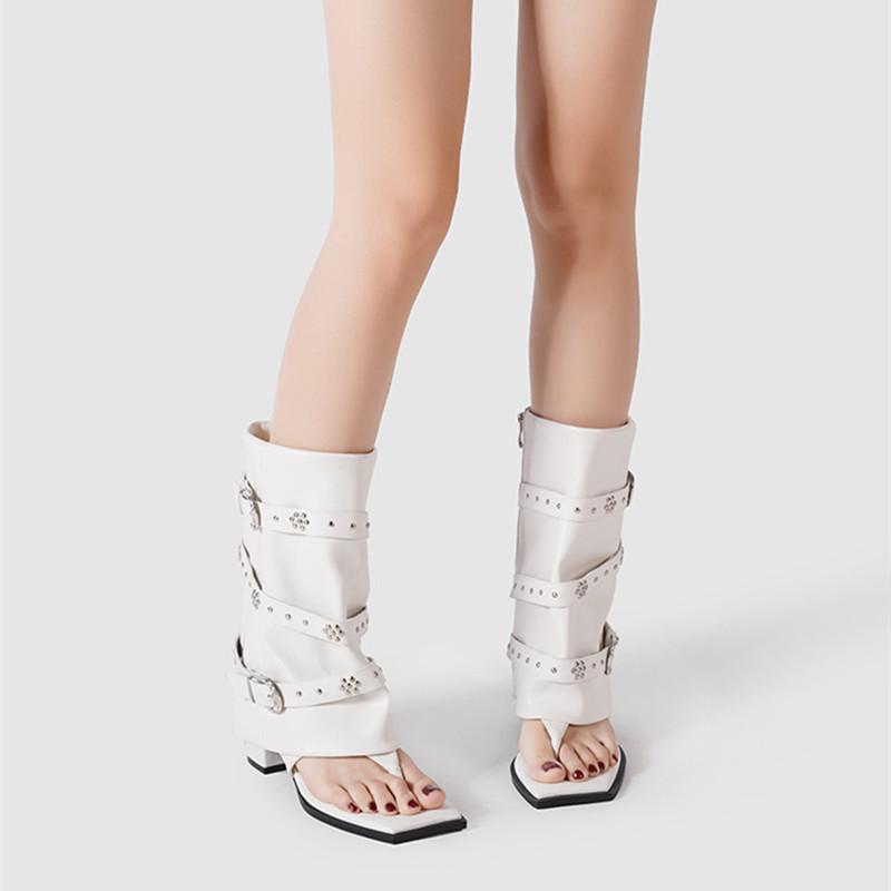 Fashion Fashion Square toe Rivet Strap Buckle Clip toe Women Mid-calf Boots Spring Summer Thick High heels Soft Leather Punk Boots Shoe