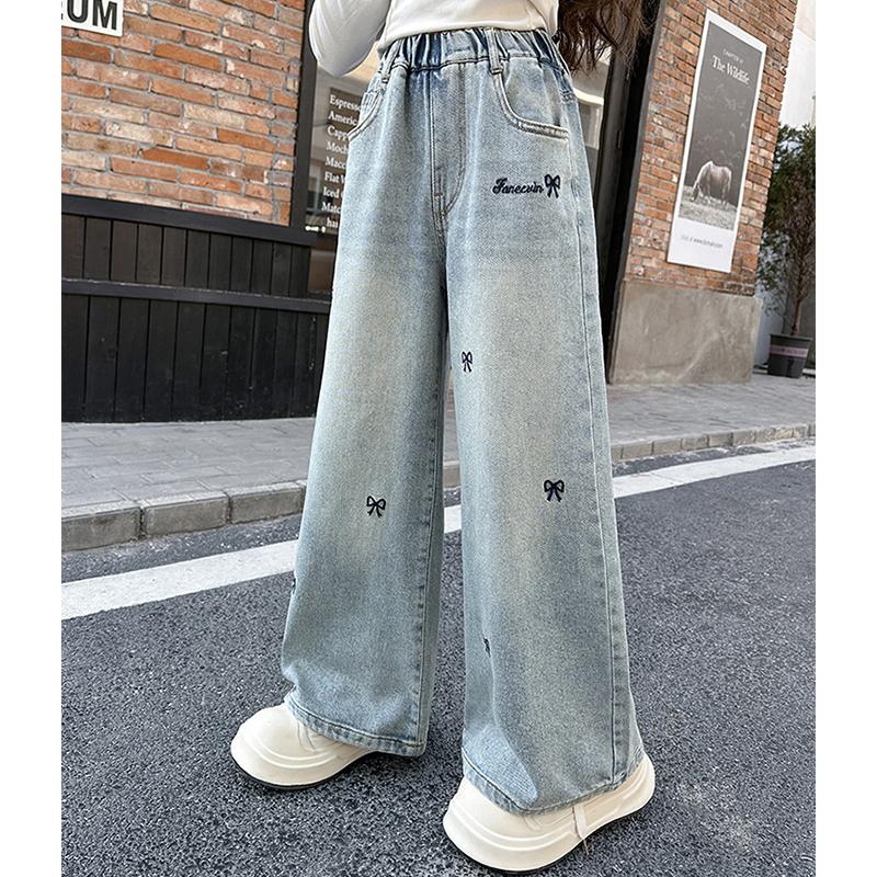 4-14 Years Spring Autumn Teenage Girls Jeans Full Print Bow Embroidery Wide-leg Denim Pants for Kids
