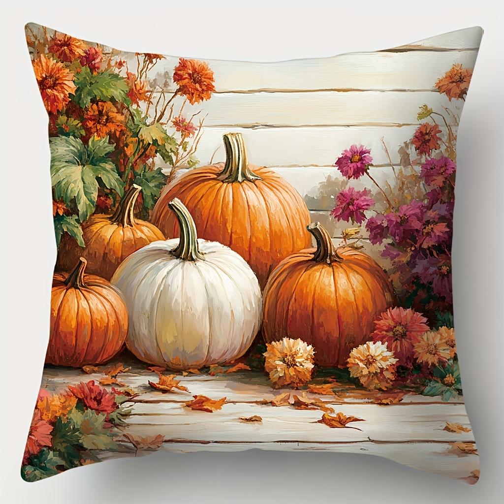2D Flat - Set of 4pcs 2D Flat Double-Sided Printed Throw Pillow Covers, Autumn Pumpkin Theme with Sunflower Chrysanthemum Grape And Bird Patterns, Dec