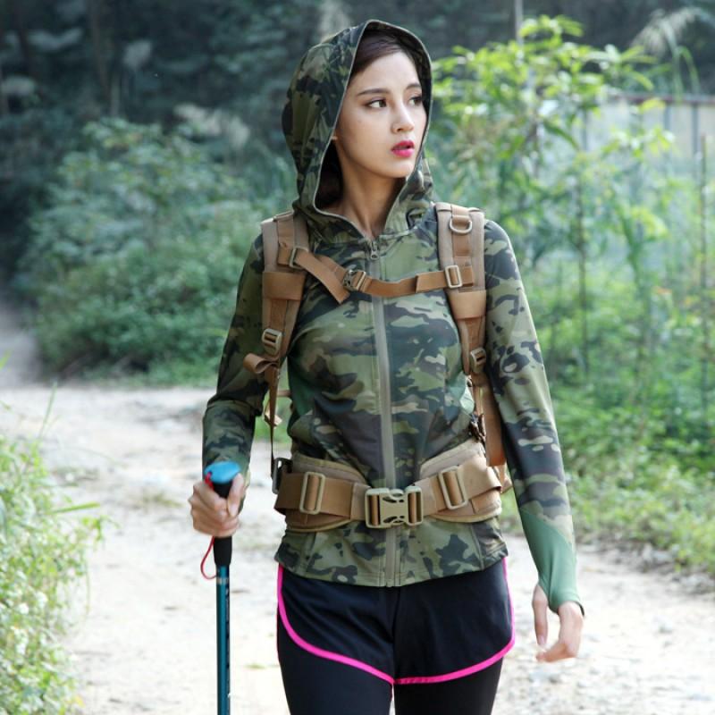 Womens Camo Sun Protection Hooded Long Sleeve T-Shirt Quick Dry Hiking Camping Outdoor Sports Top