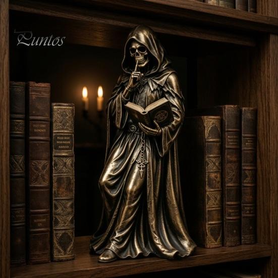 Occult Home Decoration Gothic Hooded Reaper Reading Book Resin Statue, Mystical Wizard Skull Figurine Unique Fantasy Collectible Desktop Bookshelf