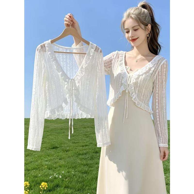 Women's Cardigan Jacket, Summer Lightweight Breathable Lace Tie Shawl, Fashionable Versatile Short Cardigan Jacket, Outerwear for Slip Dresses