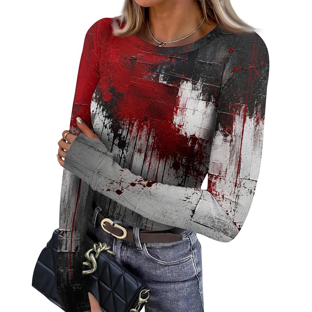 Women's Slim Fit Halloween Print Pullover Long Sleeve T Shirt Crew Neck Base Layer Top with Thumb Hole Cuffs
