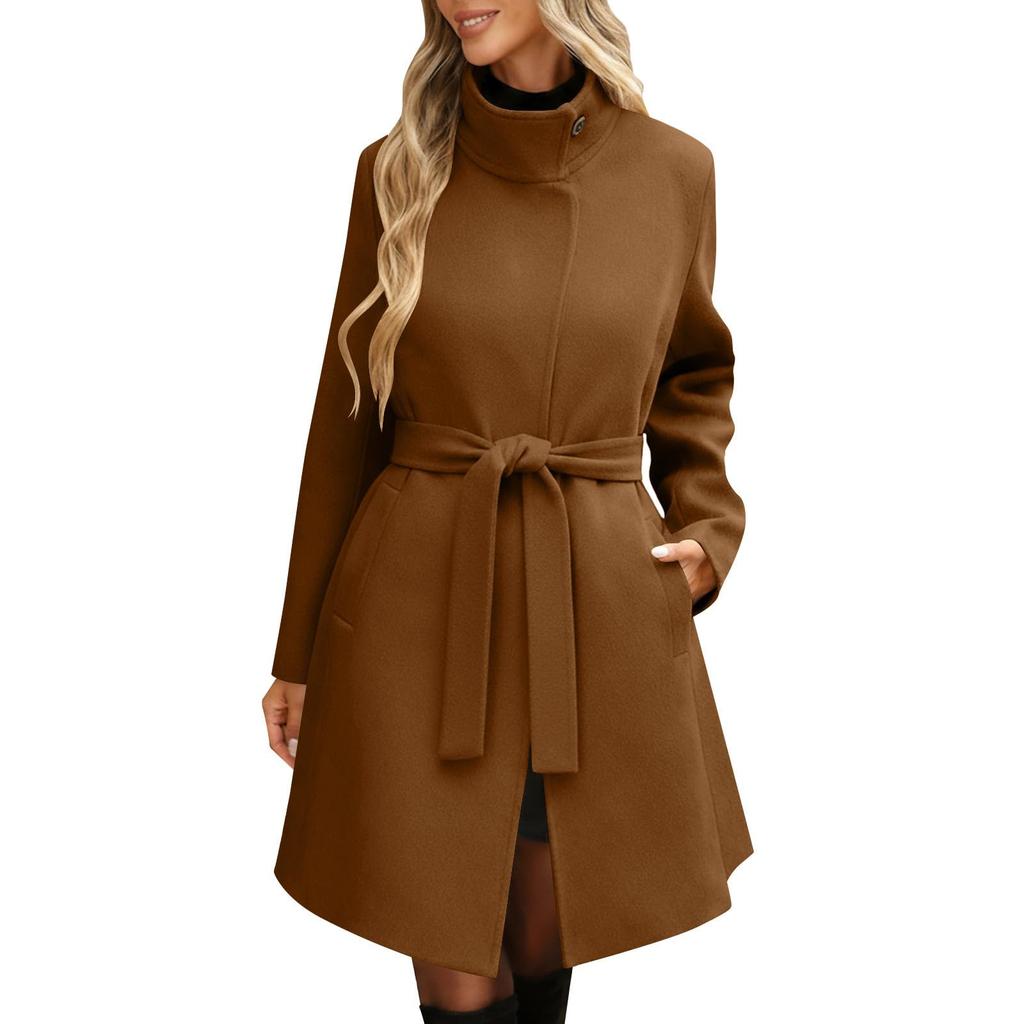 Women's Long Sleeve Belted Overcoat with Stand Collar and Button Closure Classic Fit for Autumn and Winter Outwear