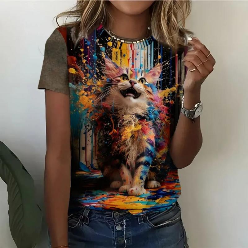 Mode Femme Col Rond Manches Courtes Impression Animale Colorée 3D T-shirt à Manches Courtes et Col Rond Animal