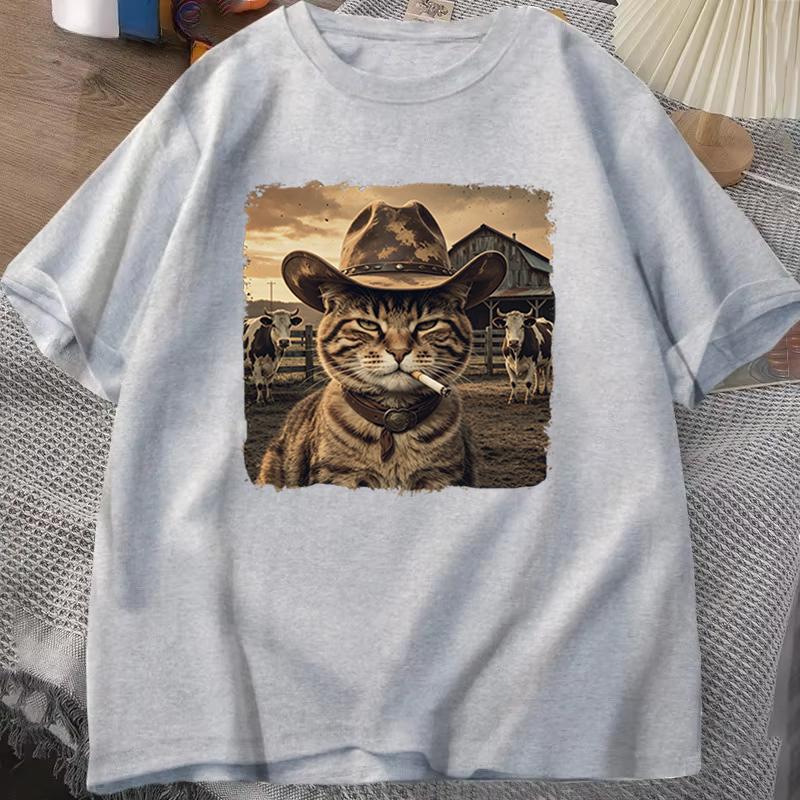 Cat Lover Casual Short Sleeve Tshirt Vintage Western Cowboy Cat Graphic T Shirts Unisex Cat Owner Country Western Casual Tee