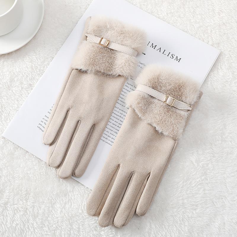 Suede Gloves Women's Autumn and Winter Mink Fur Belt Windproof and Velvet Warm Touch Screen Outdoor Electric Vehicle Riding Gloves