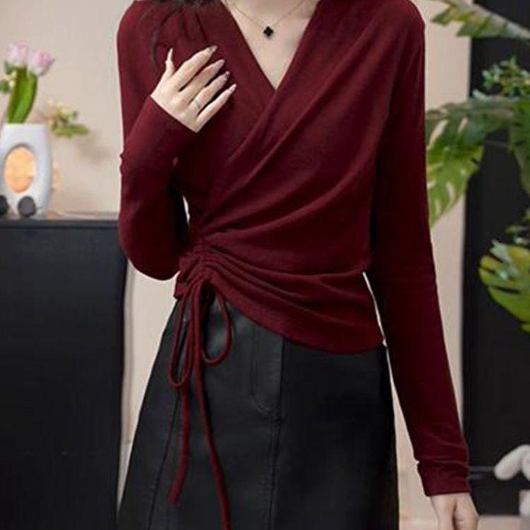 Plus Size Autumn 2025 V-Neck Cross Design Long Sleeve Slimming Women's Top