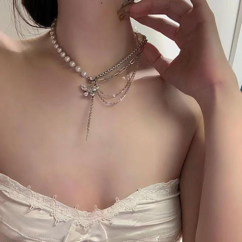 Pearl necklace new female zircon butterfly fringe splicing niche design light luxury high-end clavicle chain tide
