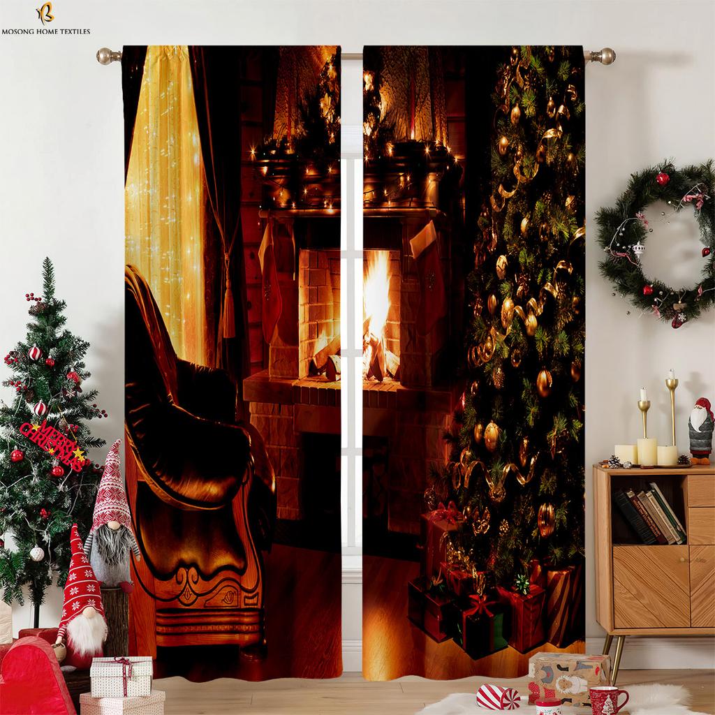 Vintage Red Plaid Christmas Pattern Printed Curtains Fireplace Christmas Tree Decoration Curtains Restaurant Party Decoration