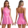 Womens Glossy Patent Leather Dress Clubwear Halter Sleeveless Mini Dress Sexy Dancewear