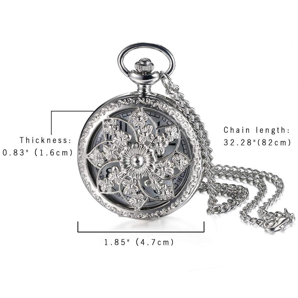 JEWELRYWE Reloj de bolsillo Sasanqua con números analógicos, resistente al agua, con caja de esqueleto, reloj de bolsillo antiguo, colgante, collar, reloj de plata, para uso diario, cosplay