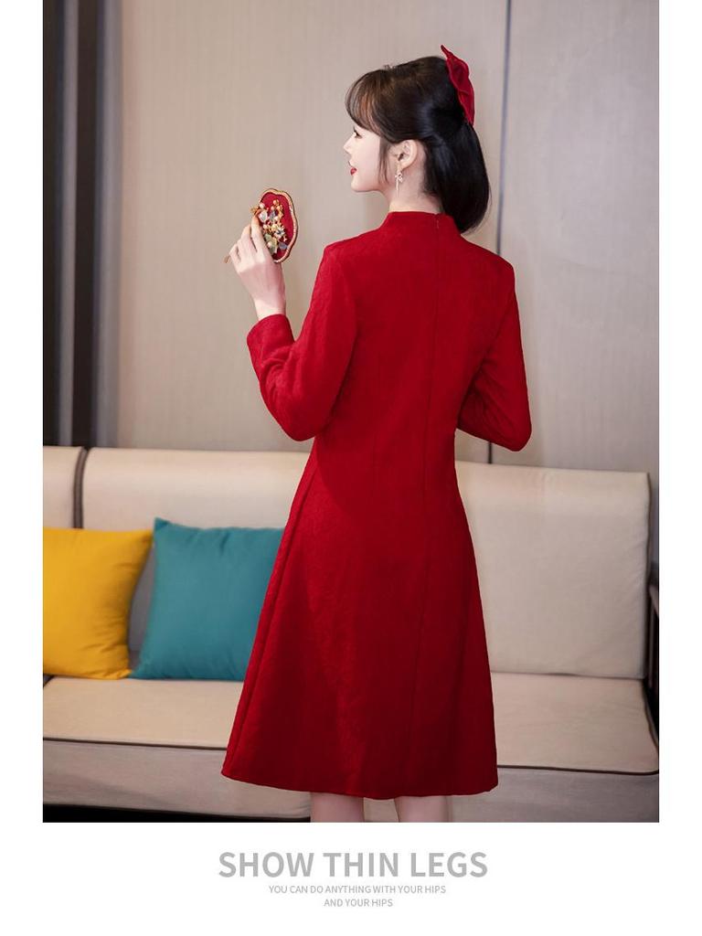 New Autumn/Winter Red Cheongsam Long-Sleeve Wedding & Homecoming Dress