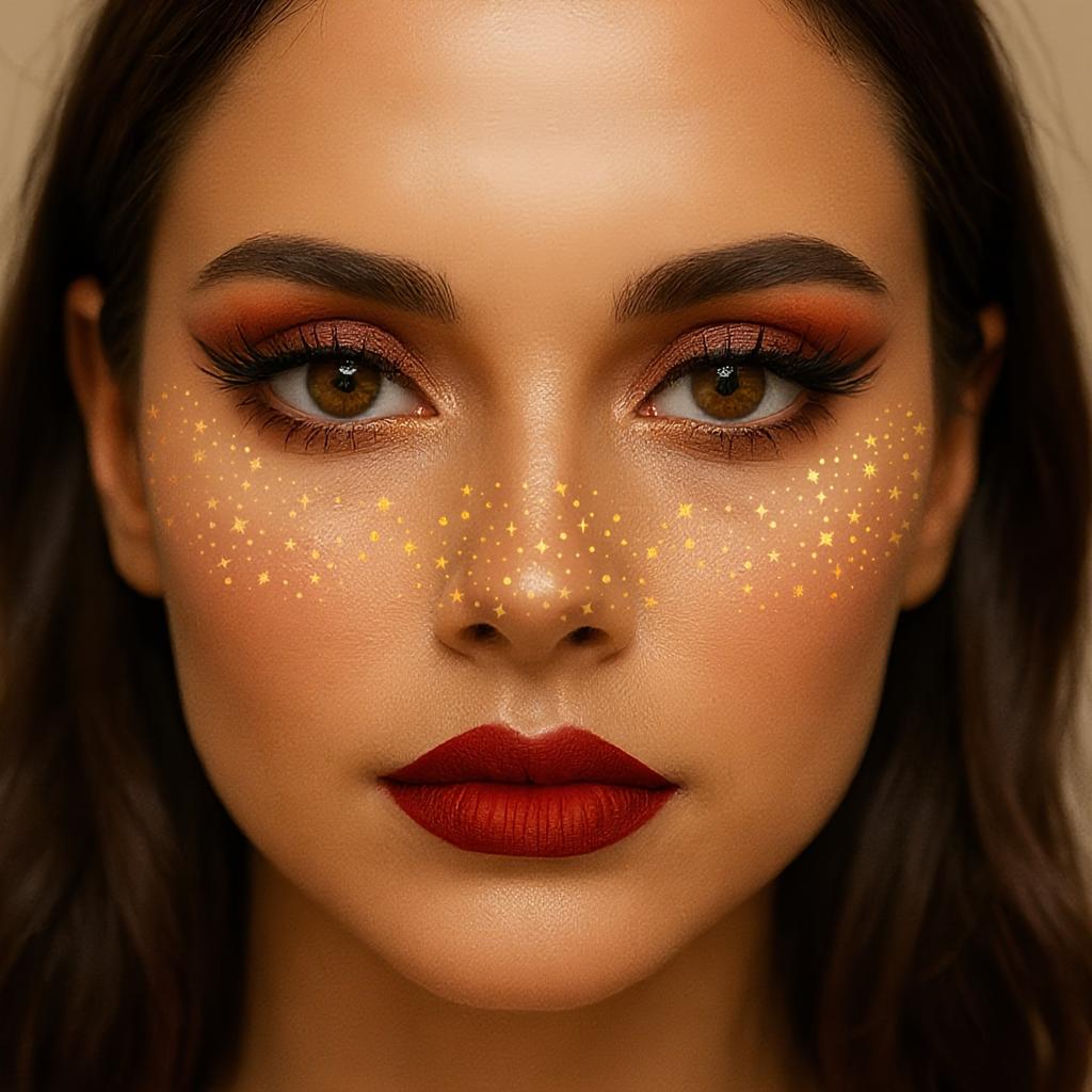6 Sheets Glitter Freckles Face Tattoo Stickers -Golden Metallic Temporary Face Tattoos with Star & Dot Designs,Party Accessories