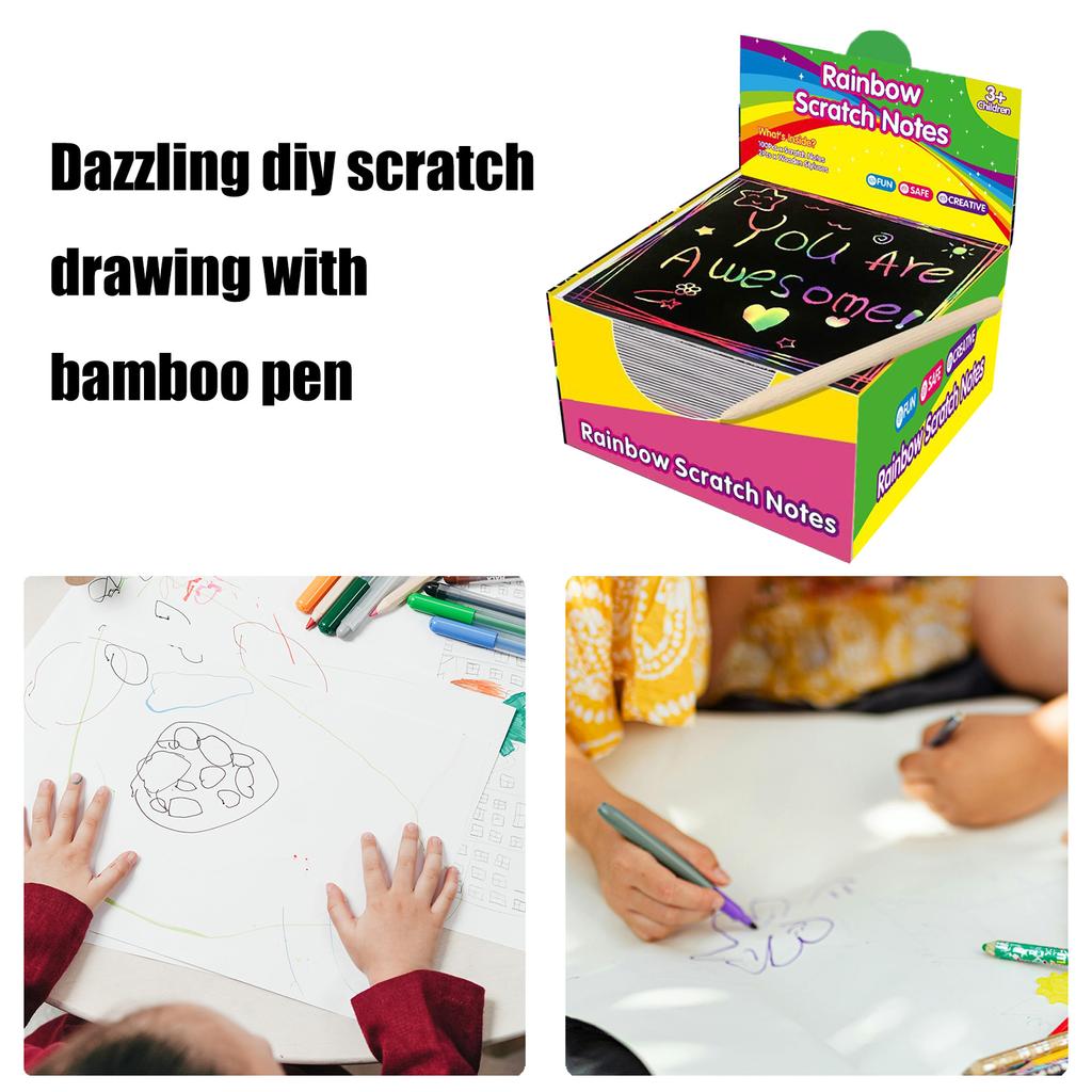 100-teiliges buntes DIY-Kratzkunst-Papierset mit Stift für kreativen Spaß, Kunst-Kratzpapier-Set in Regenbogenfarben
