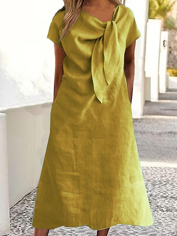 

Women s Mustard Yellow Long Sleeve Dress with Bow Tie and Side Pockets S неоновый жёлтый