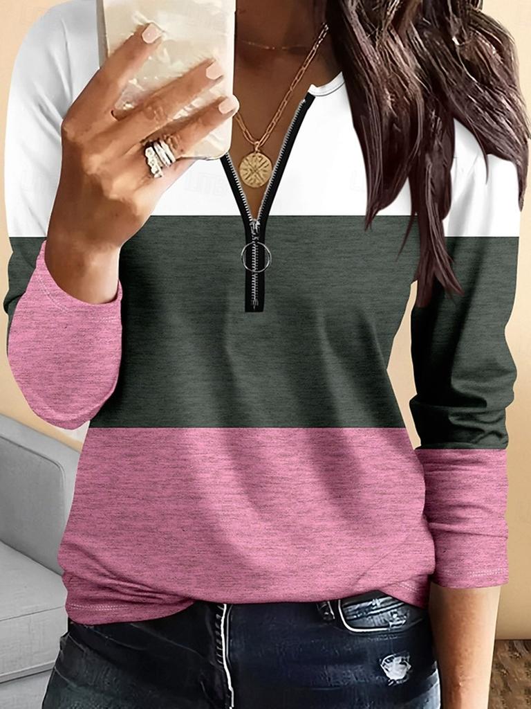 Women's T Shirt Graphic Geometric Vintage Fashion Stylish Long Sleeve Crew Neck Regular Tops Daily Zipper Print Pink Blue Green Spring Fall Winter