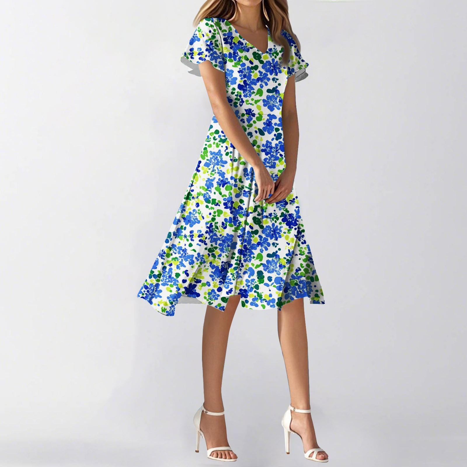 

Женское летнее повседневное модное платье с цветочным принтом и V-образным вырезом, короткая юбка с коротким рукавом XL