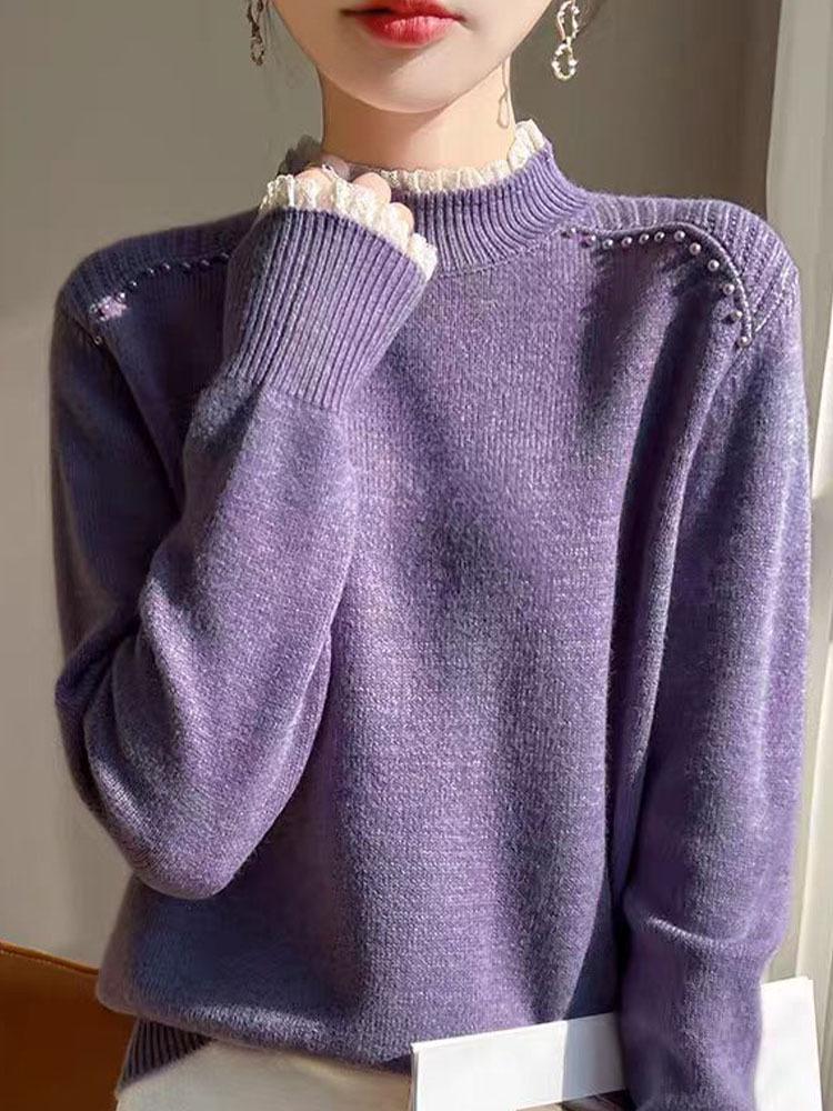 Women's Lace High Neck Wool Base Layer Sweater - Stylish & Warm Autumn/Winter Inner Wear.
