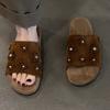 Sheepskin Version~ Fashion Retro Niche Rhinestone Flower Matte Suede One-word Drag Women's Comfortable Cool Slippers