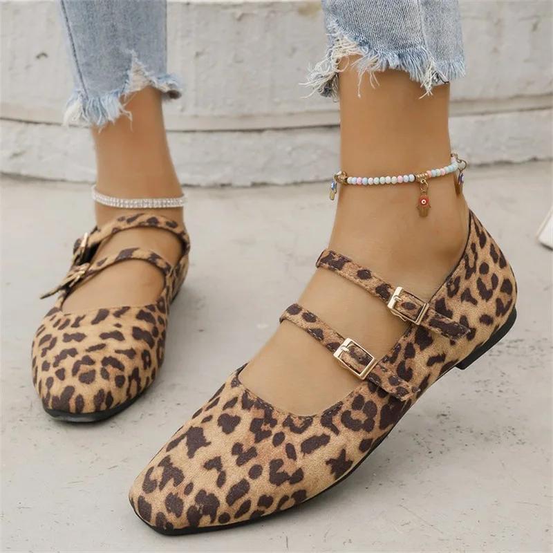 Women's Shoes 2025 Brand Buckle Strap Women's Flats Fashion Leopard Print Daily Flats Women Hot Sale Square Toe Flat Low Heels