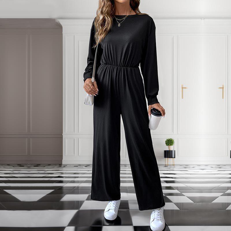 Casual Women's High Waist Long Sleeve Solid Autumn Jumpsuit