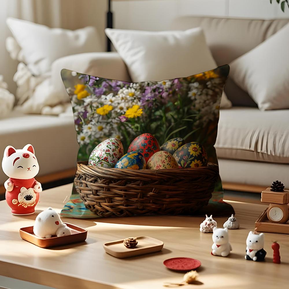 Happy Easter Bunny Cushion Cover Silky Short Plush with Invisible Zipper Dustproof Sofa Pillow Case for Home Decor