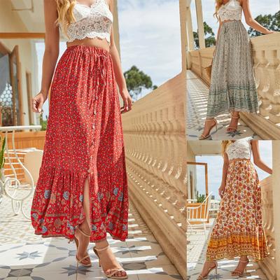 Womens Boho Floral Long Maxi Skirt Ladies High Waist Beach Ruffle Swing Dress