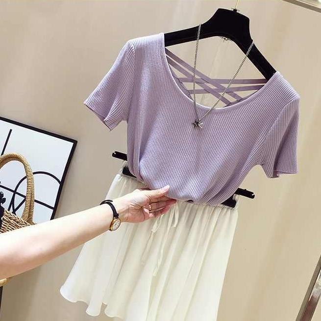 Sırtı Açık Tişört Kadın İlkbahar/Yaz Slim Fit Örme Kısa Kollu Tişört Buz İpek Tişört Örme Üst